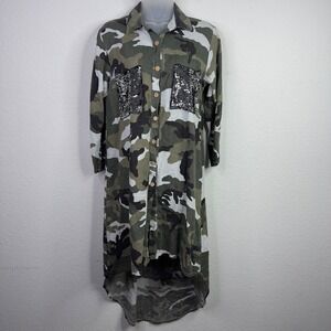 Venti 6 Shirt Dress Women S Green Linen Camo Sequin High Low Italian Boho Edgy